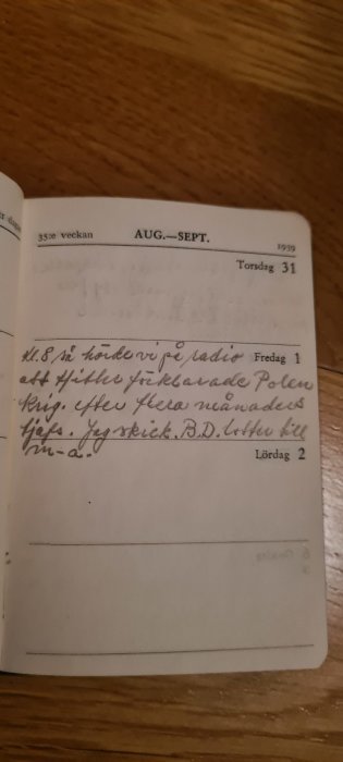 Sida ur en gammal dagbok från 1939 med handskrivna anteckningar.