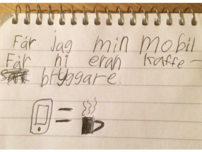 Handskriven lapp med text och teckning som föreställer en byteshandel, mobiltelefon och kaffekopp.