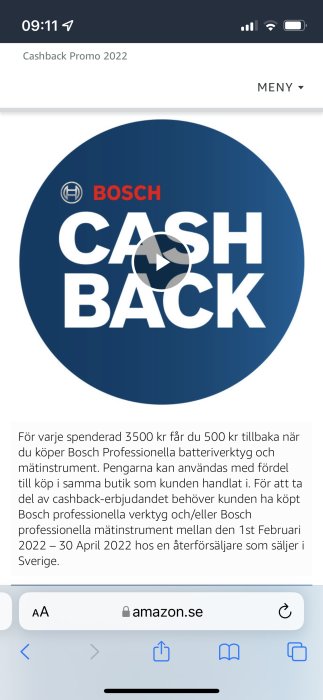 Skärmbild av en Bosch Cashback-kampanj från Amazon.se med kampanjperiod och villkor.