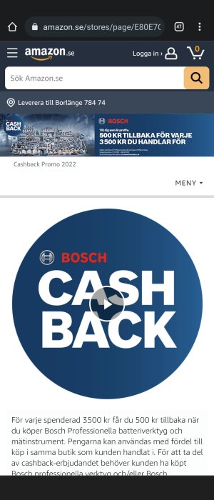 Screenshot av Amazon.se som visar Bosch Cashback-kampanj med erbjudandeinformation.