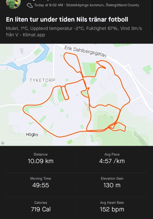 Skärmdump av löpapp visar karta över löptur på 10,09 km med tid och statistik.