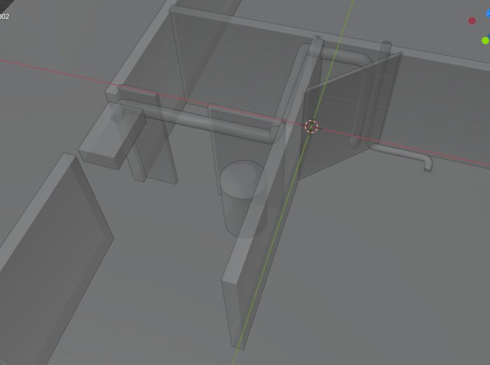 3D-modell av ett kök som visar en snedvägg med inbyggda rör ledande till ventilation och värmeväxlare.