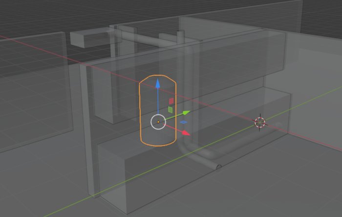 3D-modell av ett kök med markerade rördragningar bakom en snedvägg vid spisen.