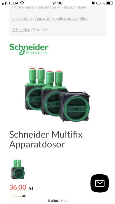 Schneider Multifix apparatdosor med gröna röranslutningar på en webbutikssida.