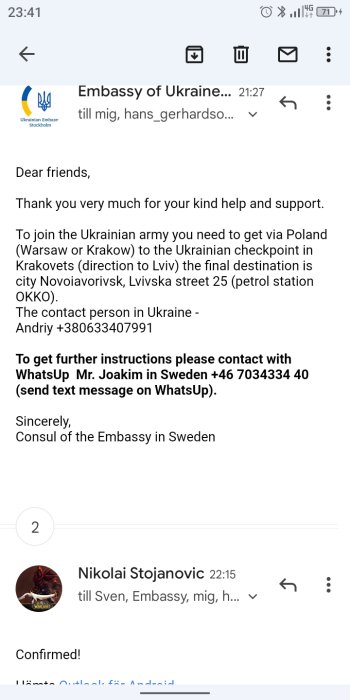 Skärmdump av ett e-postmeddelande från Ukrainska ambassaden med instruktioner och kontaktinformation.