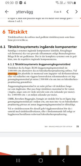 Skärmdump från mobil visande text om tätningssystem och fuktsäkerhet ur branschregler.