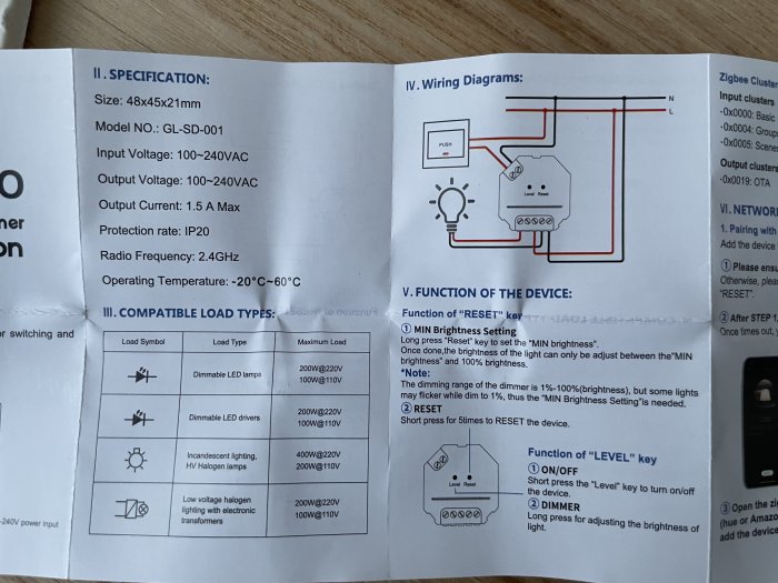 Elkopplingsdiagram och specifikationer för en dimmer, med anvisningar för N, L ledningar och funktionsbeskrivning.