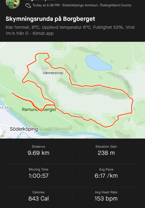 Kartspår över skymningsrunda på Borgberget, 9.69 km, tid 1:00:57, höjdvinst 238 m.