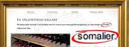 Bild på restaurangmeny där ordet "somalier" är markerat för att framhäva stavfel.