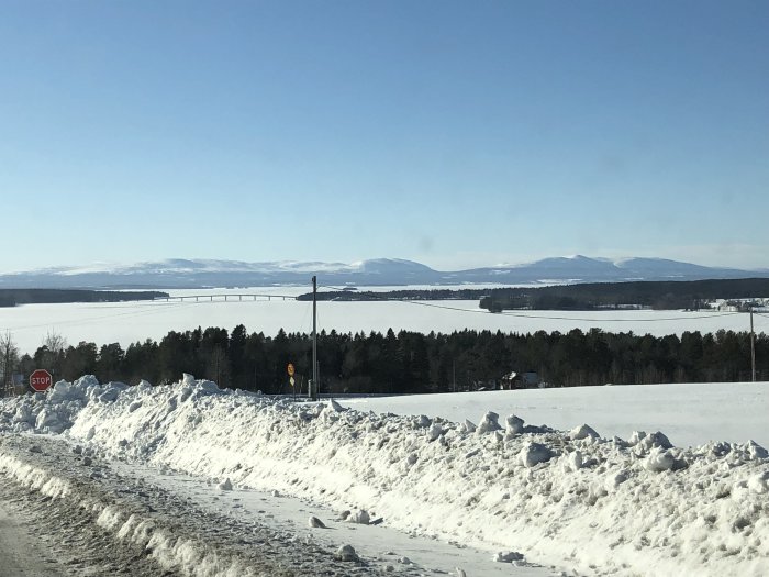 Vinterlandskap med snötäckt fält och bro i bakgrunden under klarblå himmel.