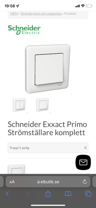 Schneider Exxact Primo strömställare komplett visas i ett webbläsarfönster.