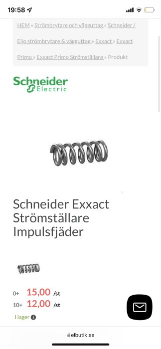 Schneider Exxact strömställare impulsfjäder, metallisk spiralformad komponent för elektriska installationer, med prisinformation.