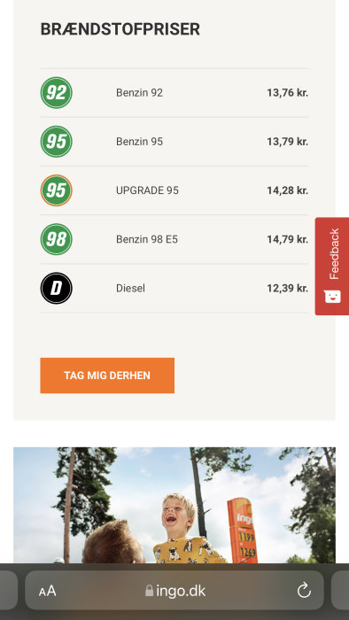 Skärmdump från Ingo.dk som visar aktuella bränslepriser, inklusive dieselpriset på 12,39 DKK.