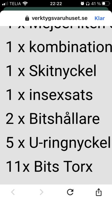 Skärmavbild av en varulista med ett humoristiskt stavfel där "skiftnyckel" är felstavat som "Skitnyckel".