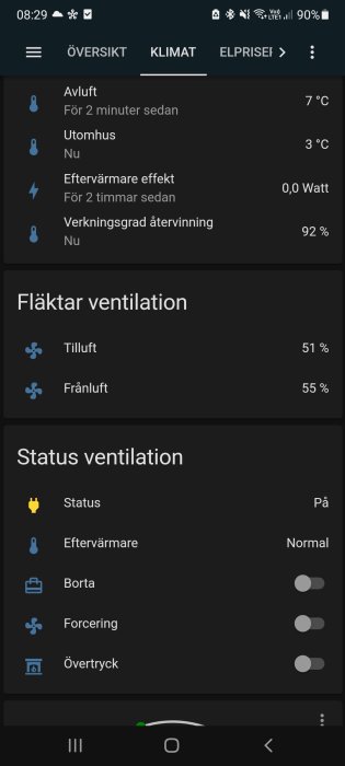 Skärmdump av en hemautomation-app som visar status och kontroller för ett ventilationssystem.