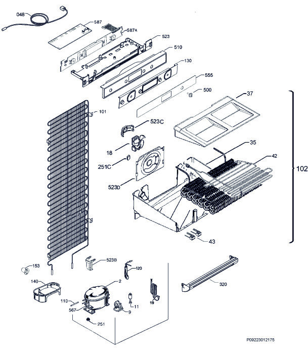 Exploded view diagram of an Electrolux fridge-freezer showing individual components and assembly.