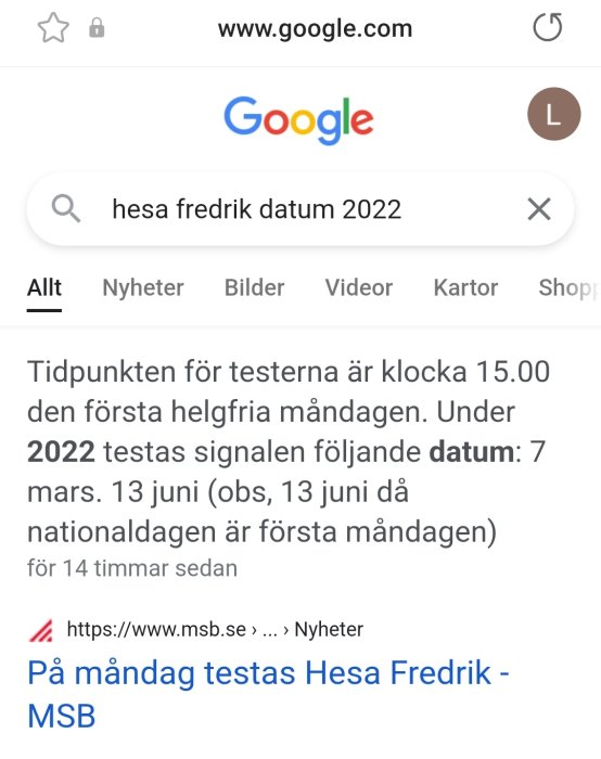 Skärmdump av en Google-sökning för "hesa fredrik datum 2022" med sökresultat om signaltest.