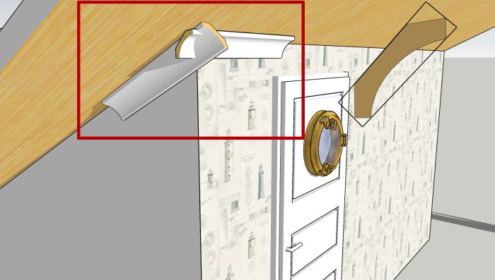 3D-visualisering av ett rum under snedtak med fokus på överskurna hörnlistdetaljer som inte matchar.