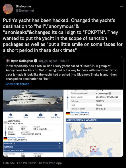 Skärmdump av Twitter-inlägg om hackning av Putins yacht, med ändrad destination och anropssignal.