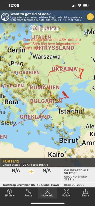 Skärmdump av FlightRadar24 som visar flygtrafik över Europa med fokus på en USAF-drönare.