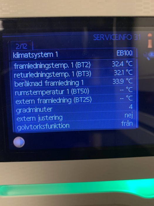 Skärm med data för klimatsystem, visar temperaturinställningar och -status, inklusive framledningstemp. och rums temp.