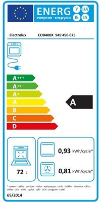 Energimärkningsklistermärke för hushållsapparat med A-klassificering och energiförbrukning.