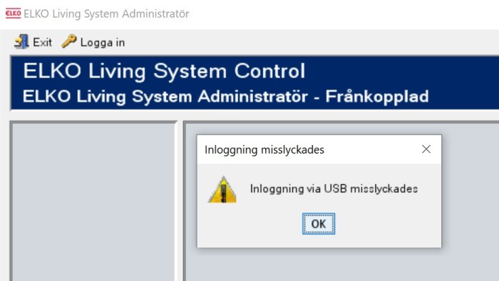 Skärmdump av ELKO Living System Administratör med felmeddelande "Inloggning via USB misslyckades".