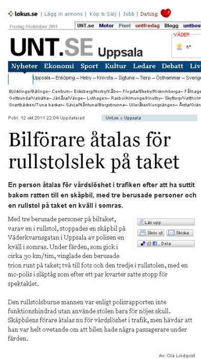 Skärmdump av en nyhetsartikel på UNT.se med texten "Bilförare åtalas för rullstolslek på taket".