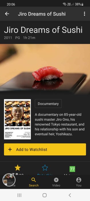 Skärmdump från en streamingtjänst som visar dokumentären "Jiro Dreams of Sushi" med en sushi-bit i förgrunden.