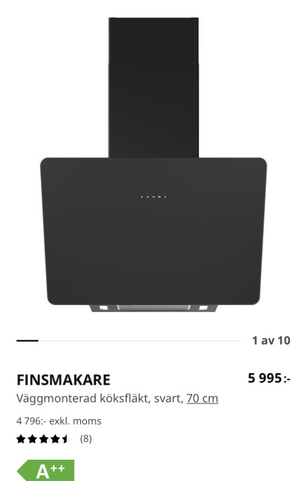 Svart väggmonterad köksfläkt "Finsmakare" från Ikea, 70 cm, med synlig kontrollpanel.