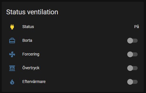 Skärmbild av ventilationsstyrningssystem med olika statusindikatorer och på/av-växlar.