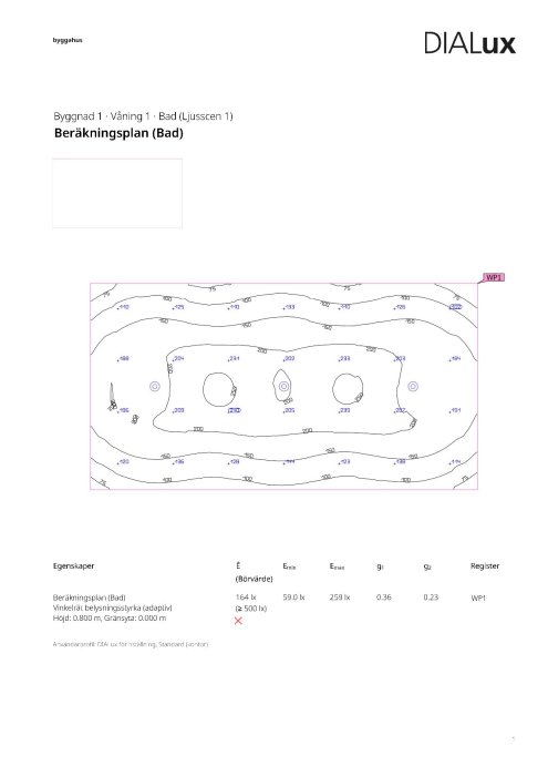 DIALux ljusberäkningsplan för badrum med MD-99 spots, luxvärden och belysningsfördelning.