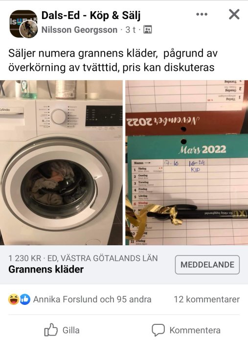 Tvättmaskin med kläder och en bokad tvättidstavla med en penna och godispapper.