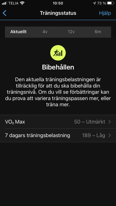 Skärmdump av träningstatus i en app med fokus på bibehållen träningsnivå och detaljerad information om VO2 Max och träningsbelastning.