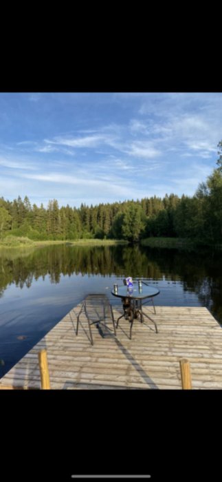 Träbrygga med bord och stolar ut mot en lugn damm omgiven av skog under en klar himmel.