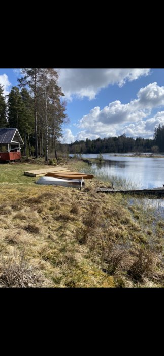 En damm omgiven av grönska med en brygga och två kanoter, under en molnig himmel.