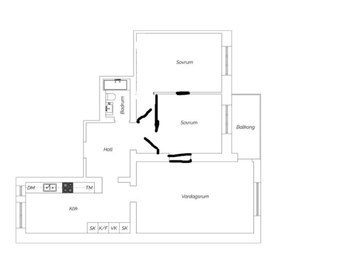 Ritning av en lägenhetsplan med markerade dörröppningar och potentiell blockerad passage.