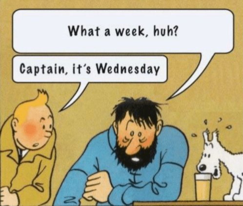 Illustration av trött person vid bord med pratbubblor "What a week, huh?" och "Captain, it's Wednesday" med en pojke och hund.