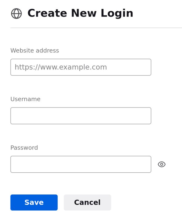 Skärmdump av Firefox lösenordsskapare med fält för webbadress, användarnamn och lösenord samt Spara och Avbryt-knappar.