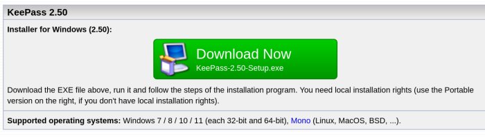 Skärmbild av KeePass 2.50 nedladdningssida med Windows installationslänk, inkluderar stöd för Linux och MacOS.