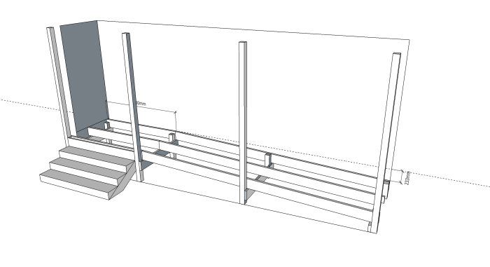 CAD-ritning av en entrétrapp och handikappramp som planeras byggas med tryckimpregnerat trä.