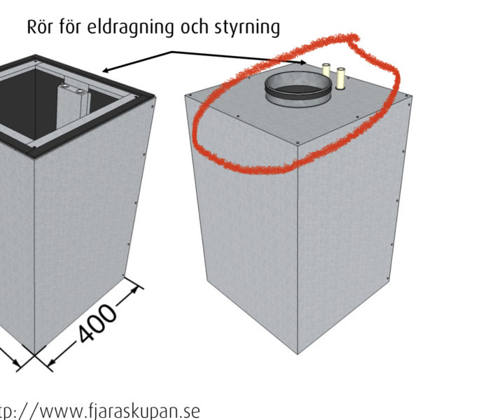 3D-ritning av en ventilationsskåpsmodul med märkt bottenanslutning och rör för eldragning.