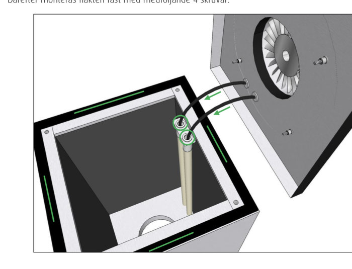 3D-modell av en mekanisk låda med röranslutning i botten och markerade skruvhål.