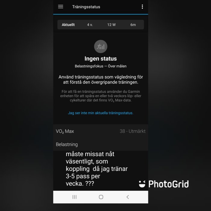 Skärmdump av träningsstatus-app med text om belastningsfokus och användarinlägg som indikerar förvirring.