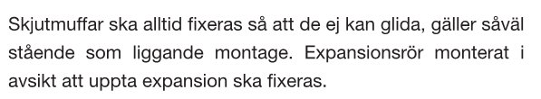 Textinstruktioner för korrekt montering av skjutmuffar för att förhindra rörelse, hänvisning till expansionsrörsinstallation.