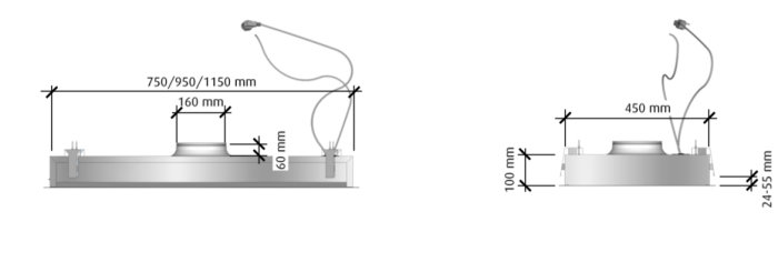 Måttskisser med dimensioner för belysningsinstallationer sett från sidan och ovanifrån.