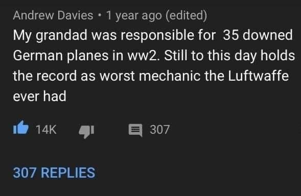 Skärmdump av en kommentar som skämtsamt berättar om en person ansvarig för 35 nedskjutna tyska plan i WW2 som värsta mekaniker i Luftwaffe.