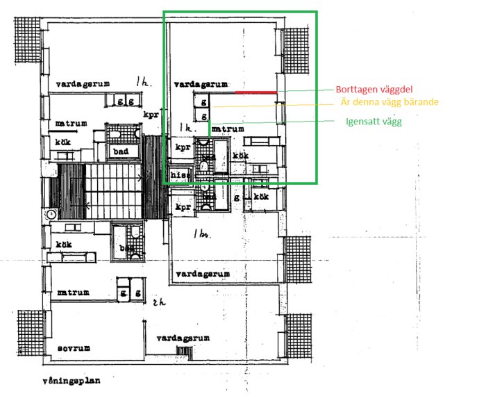 Ritning av lägenhet med den aktuella lägenheten markerad i grönt och en potentiellt bärande vägg markerad i orange.