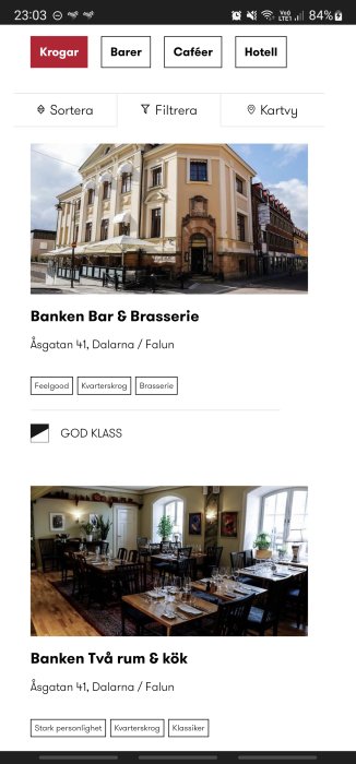 Exteriör av Banken Bar & Brasserie och interiör av Banken Två Rum & Kök restauranger i Falun.