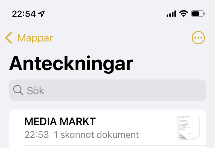 Skärmdump av iPhone's anteckningsapp med ett skannat Media Markt-kvitto.